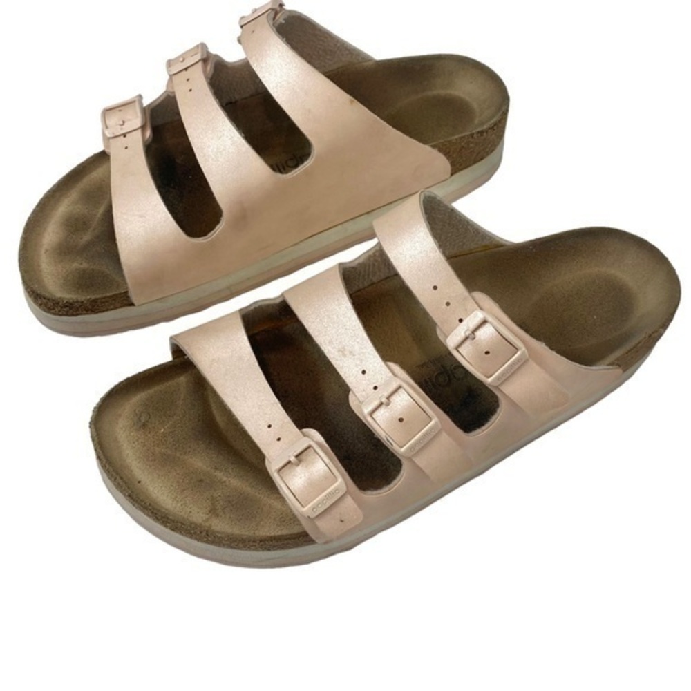 Birkenstock Papillo Metallic Pink Arizona sandals Slip On 3 Strap Leather Slides - Picture 1 of 12